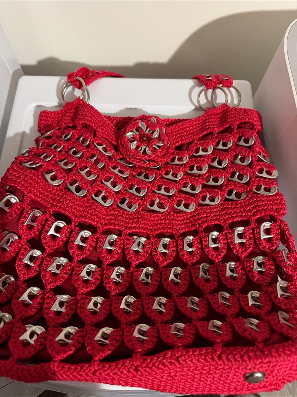 Recycled Red Crochet Shoulder Bag with Silver Tab Accents